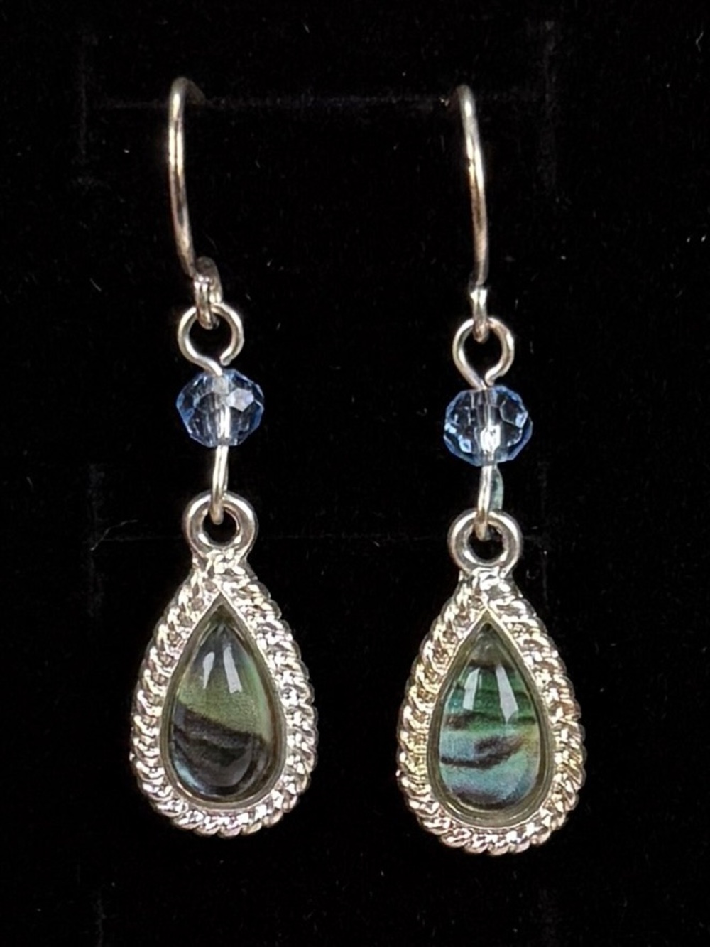 Silvertone with green and blue accent teardrop pierced earrings